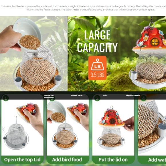 Large Solar Cell/ Metal Mesh/ Mushroom-Shaped Rasin Bird Feeder for Outdoors - Picture 11 of 12